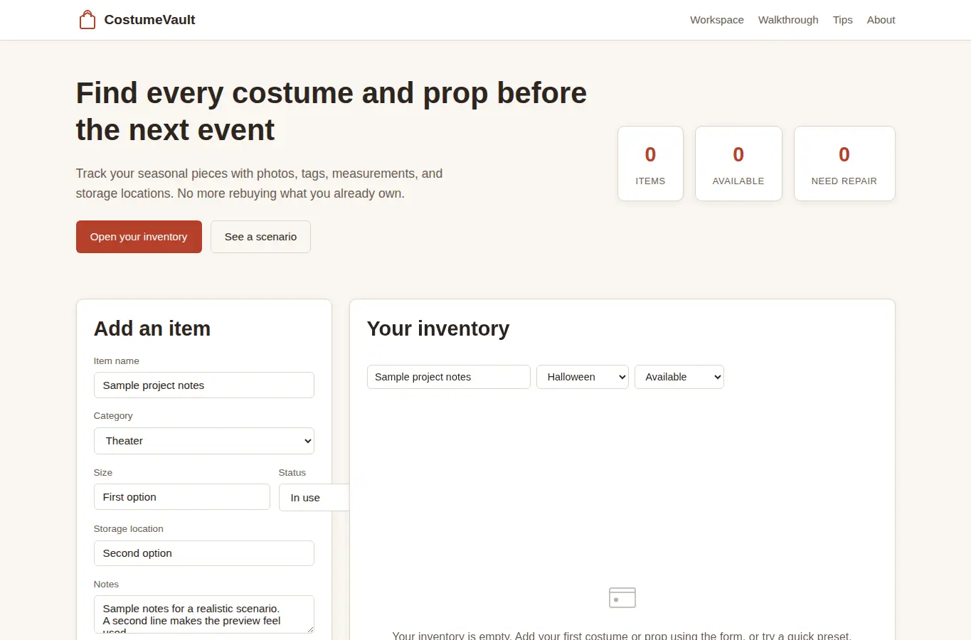 Screenshot of CostumeVault: Seasonal Costume & Props Inventory interface showing the project page in use